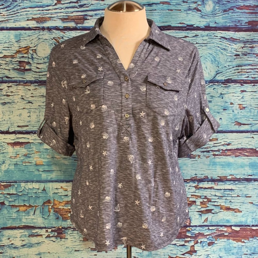 Emily Daniels Seashell/Starfish/Sailboat Short Sleeve Henley Blouse